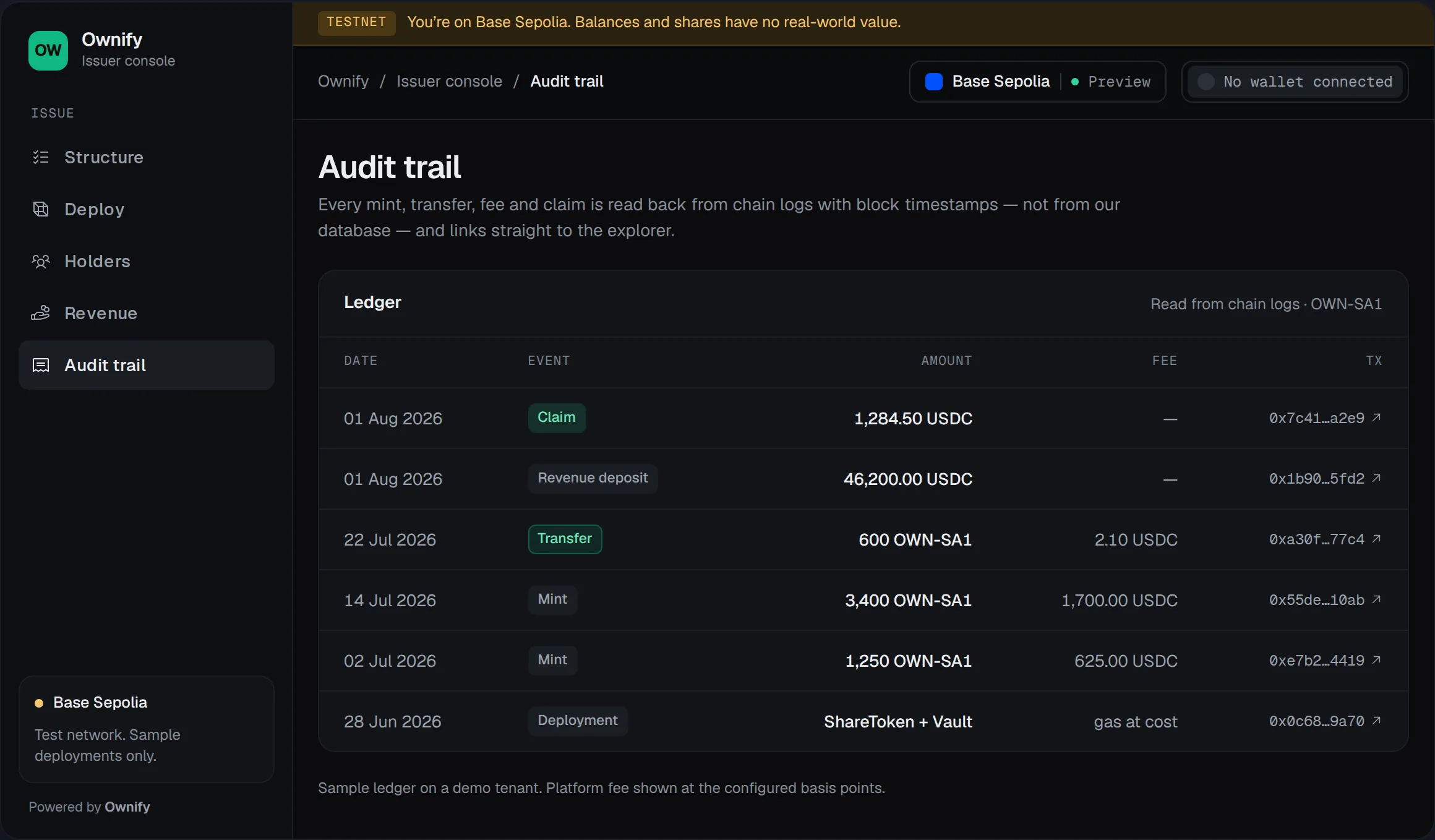 The audit trail listing every mint, transfer, fee and claim with its amount, fee and transaction reference.