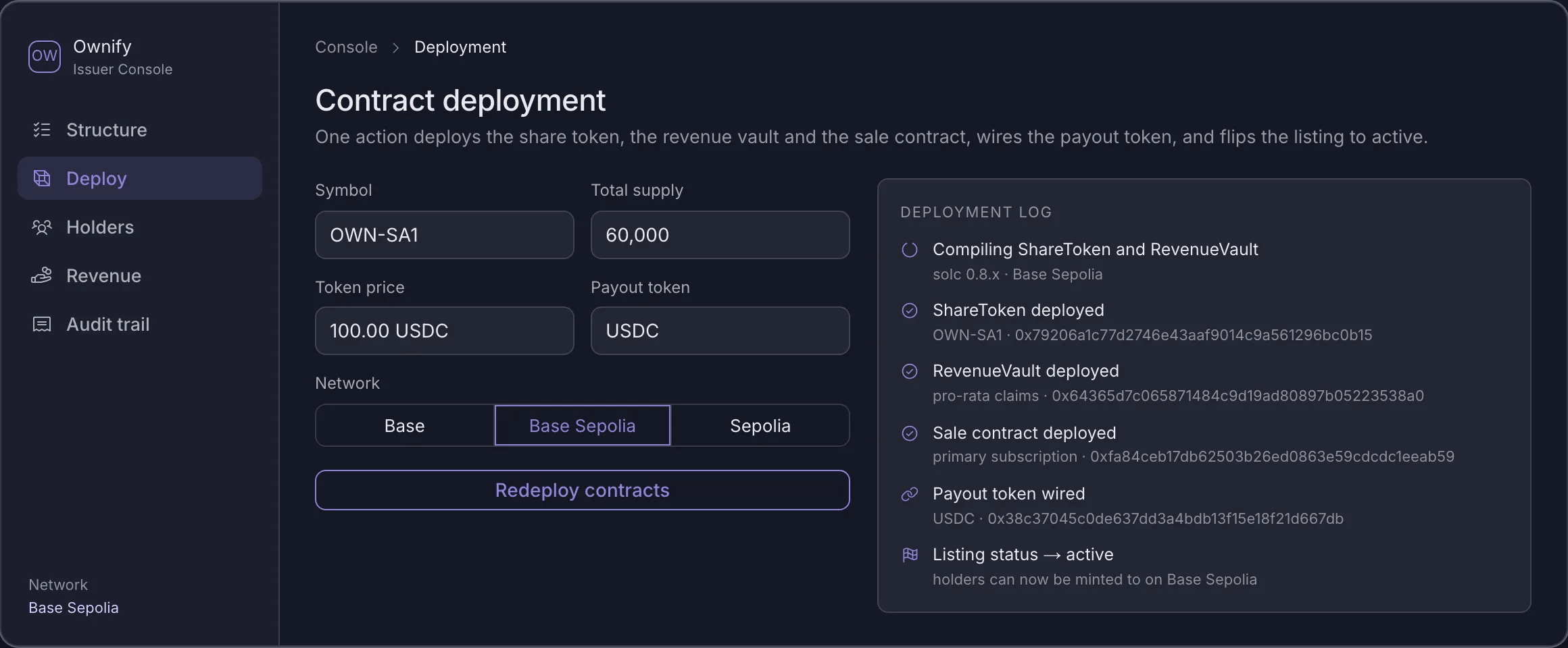 The Ownify issuer console deploying an asset's share token, revenue vault and sale contract, with the deployment log listing each step.