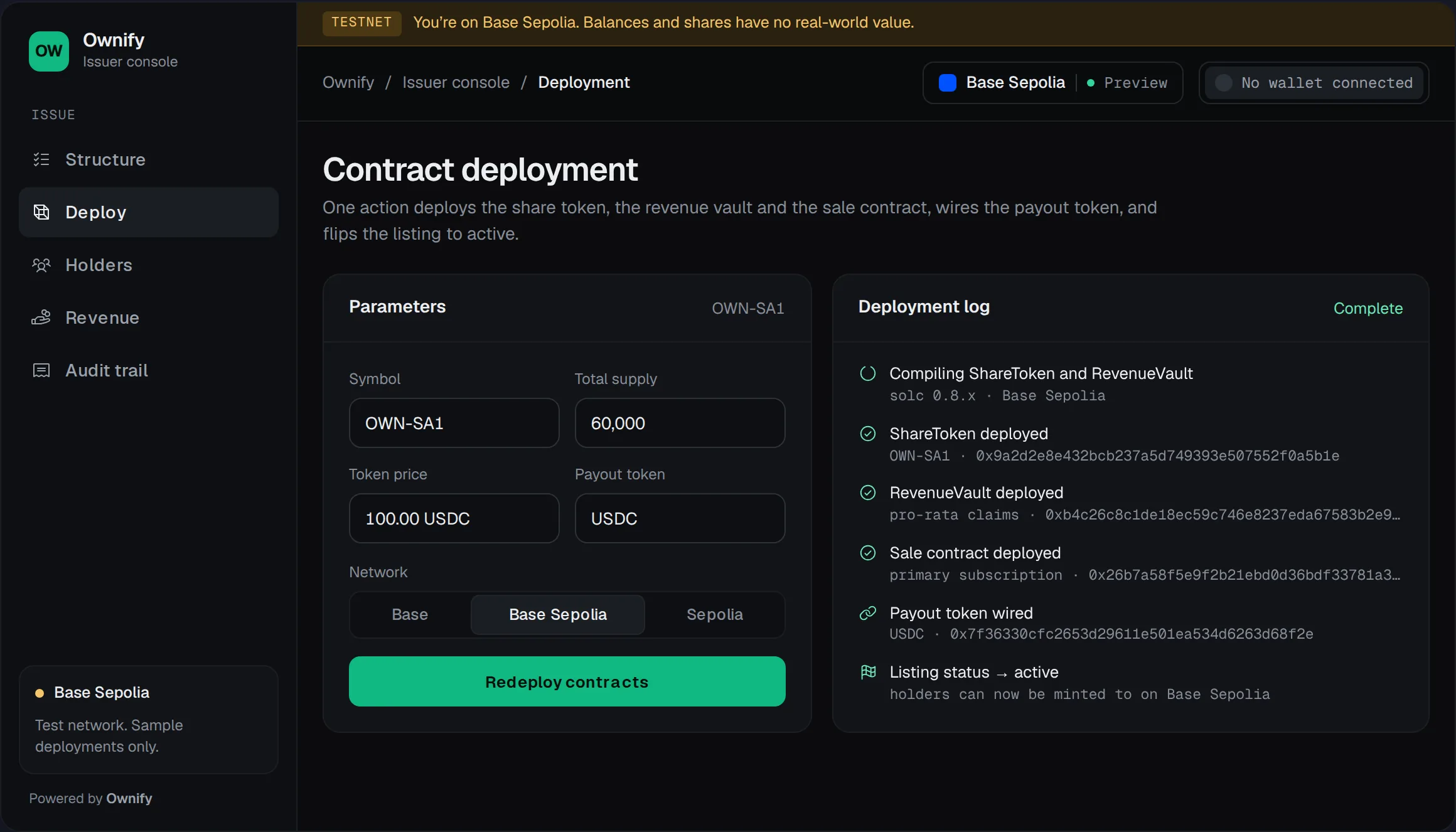 Contract deployment with the network selector and a completed deployment log.