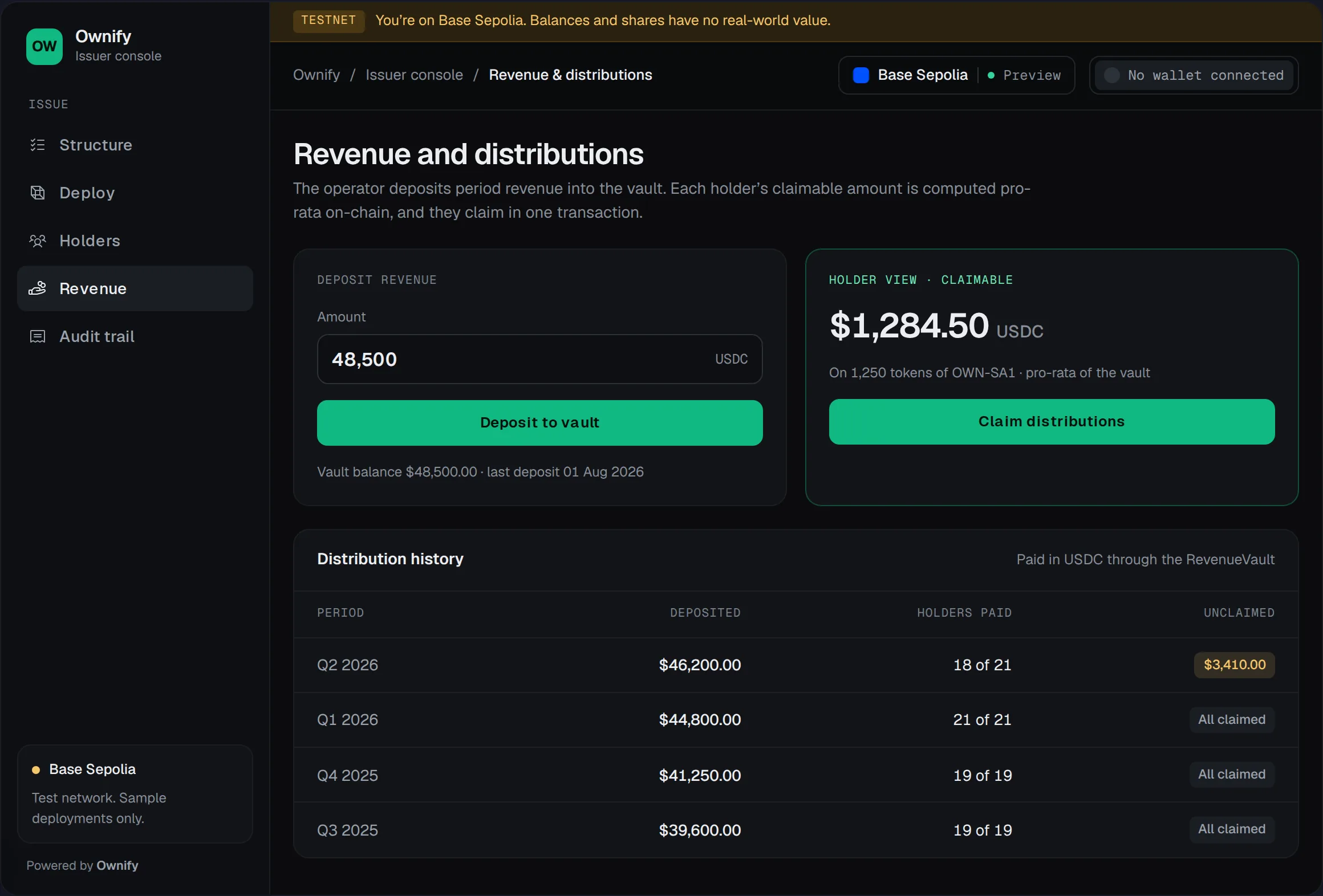 The holder view of claimable revenue alongside the operator deposit control and the distribution history.