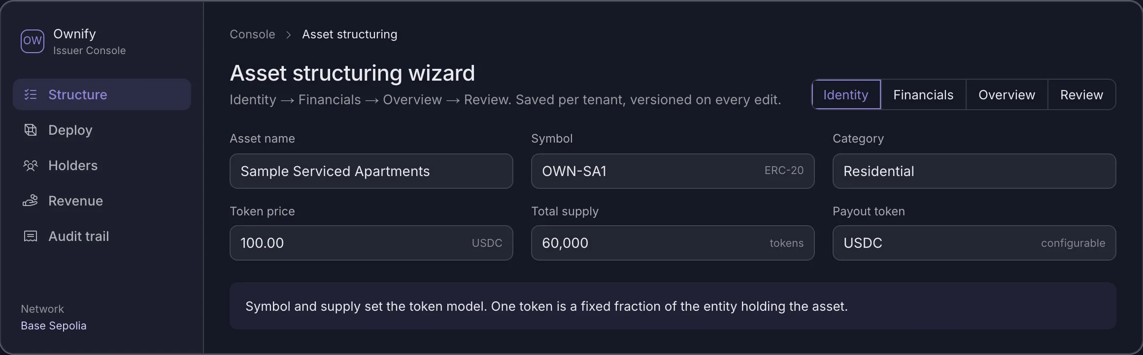 The asset structuring wizard, showing the identity stage of a sample asset with its symbol, supply, token price and payout asset.