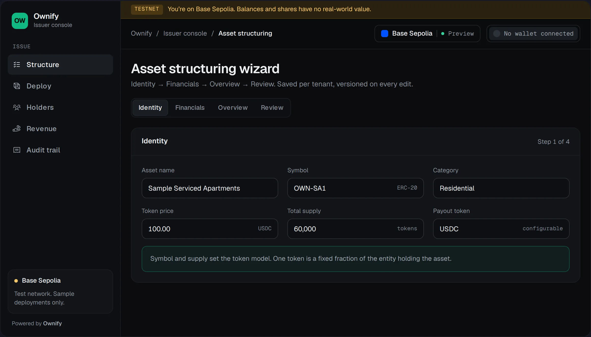 The asset structuring wizard, showing the identity stage of a sample asset with its symbol, supply, token price and payout asset.